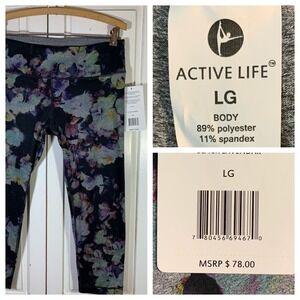 Active Life Women's Large Gray Floral Reversible Capri Leggings NWT $78 Run Walk